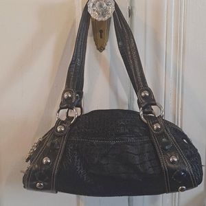 Kathy Van Zeeland black vegan leather and velvety fabric shoulder bag